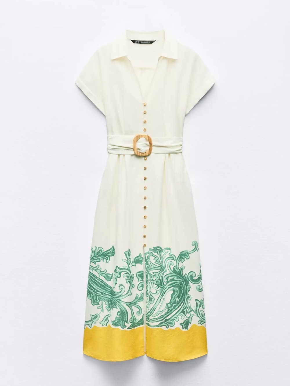 Zara Cream Maxi Dress with Green Print and Yellow Hem